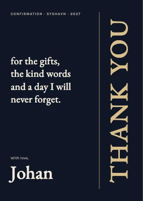 Thank-you card — vertical gold thanks on black