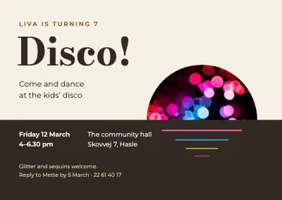 Kids’ disco — invitation with a glowing disco sun