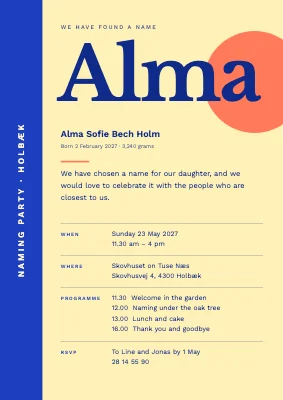 Naming party — the baby's name in large serif