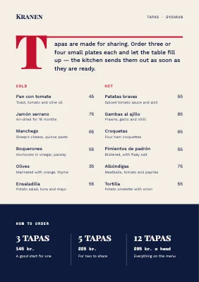 Tapas menu with a drop cap