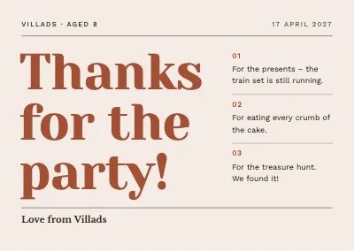Eighth birthday — thank-you card with numbered thanks