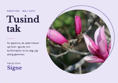 Takkekort til konfirmation — magnolie i cirkel