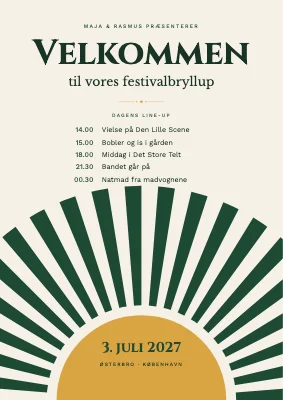 Velkomstskilt — festivalbryllup med solstråler