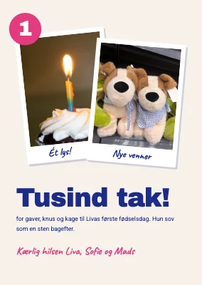 1-års fødselsdag — takkekort med polaroids