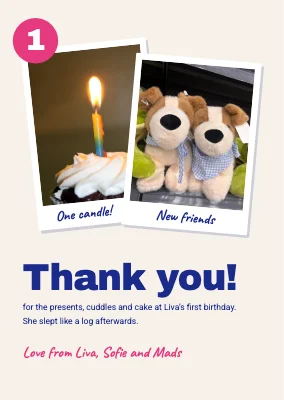 First birthday — thank-you card with polaroids