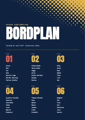 Konfirmation — sporty bordplan med halvtoneprikker