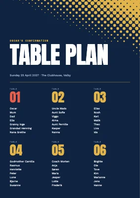 Confirmation — sporty table plan with halftone dots