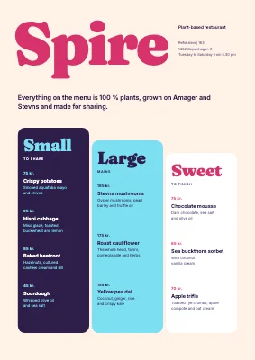 Vegan restaurant menu — colour columns