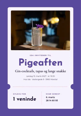 Pigeaften — billet med cocktail