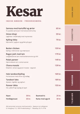 Indisk restaurant — menukort med faneblade