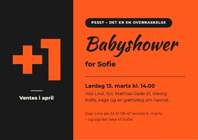 Babyshower — stort +1 på sort og orange