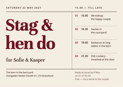 Stag and hen party in the barn — programme