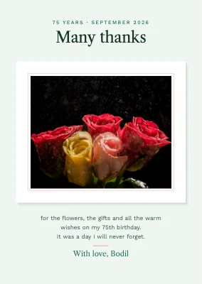 75th birthday — thank-you card with roses
