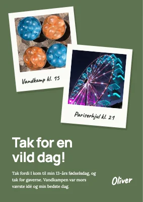13-års fødselsdag — takkekort med polaroids