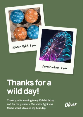 13th birthday — thank-you card with instant photos