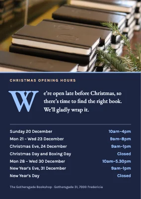 Christmas opening hours — bookshop