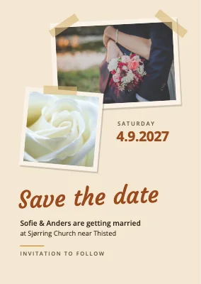 Save the date — village church, taped photos