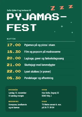Pyjamasfest — invitation med natprogram