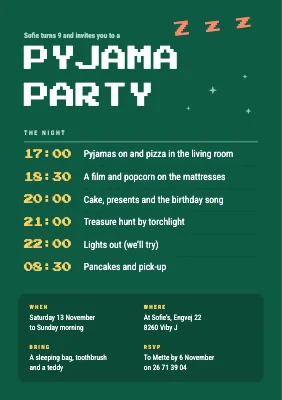 Pyjama party — invitation with a night programme