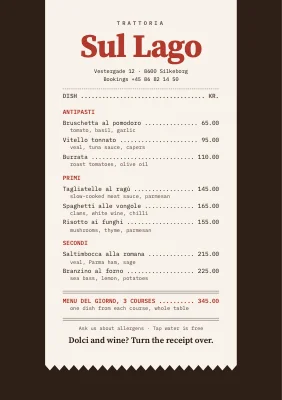 Trattoria — receipt-style menu