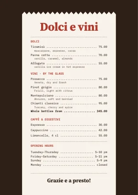 Page 2 of Trattoria — receipt-style menu