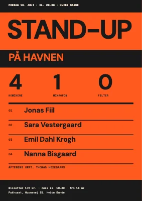 Stand-up-aften — sorte bjælker og tal