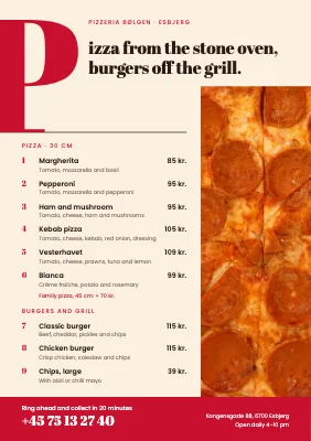 Pizza takeaway — menu with a drop cap