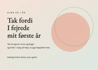 1-års fødselsdag — takkekort med bløde cirkler
