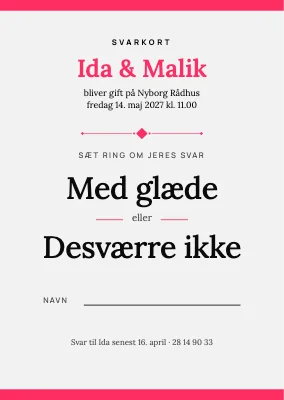 Svarkort — rådhusbryllup, sæt ring om svaret