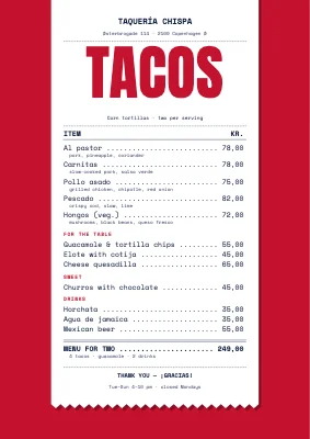 Taqueria — receipt menu