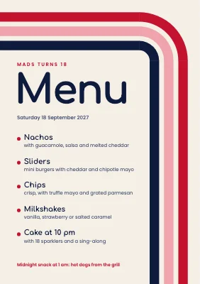 18th birthday — menu card with racing stripes