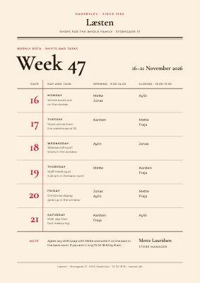 Weekly rota — shoe shop