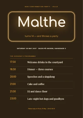 Non-confirmation party — neon sign and evening programme