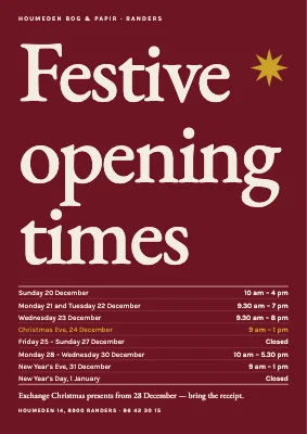 Festive opening times — big serif on oxblood