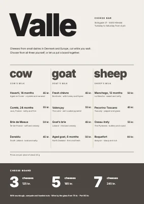 Cheese bar menu — three columns