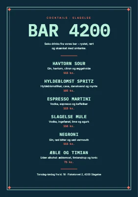 Cocktailbar — drinkskort i dobbelt ramme