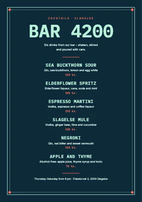 Cocktail bar — drinks menu in a double frame