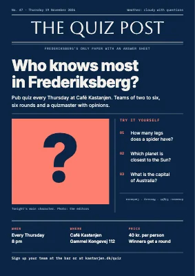 Pub quiz in Frederiksberg — newspaper front page