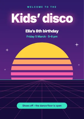 Kids’ disco — neon sunset welcome sign