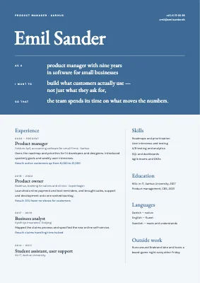 Product manager CV — user story