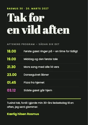 30-års fødselsdag — takkekort med aftenens program