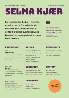 Barista CV — café sign and magazine