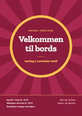 Fødselsdagsmiddag — velkomstskilt med solstråler
