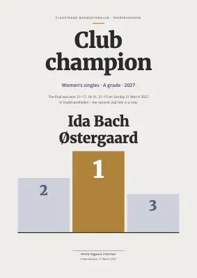Club champion certificate — badminton