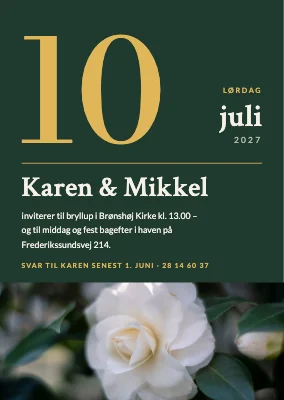 Bryllupsinvitation — stor dato, landsbykirke