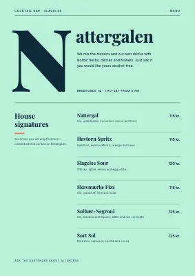 Cocktail bar — drinks menu with a giant N