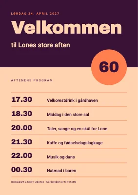 60-års fødselsdag — velkomstskilt med aftenens program