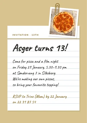 13th birthday — pizza and film night invitation