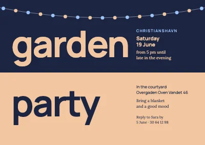 Garden party — two words on split blue and peach