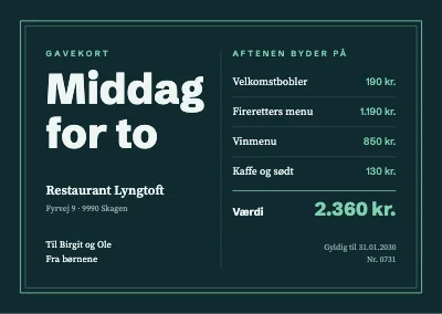 Gavekort til restaurant — middag for to